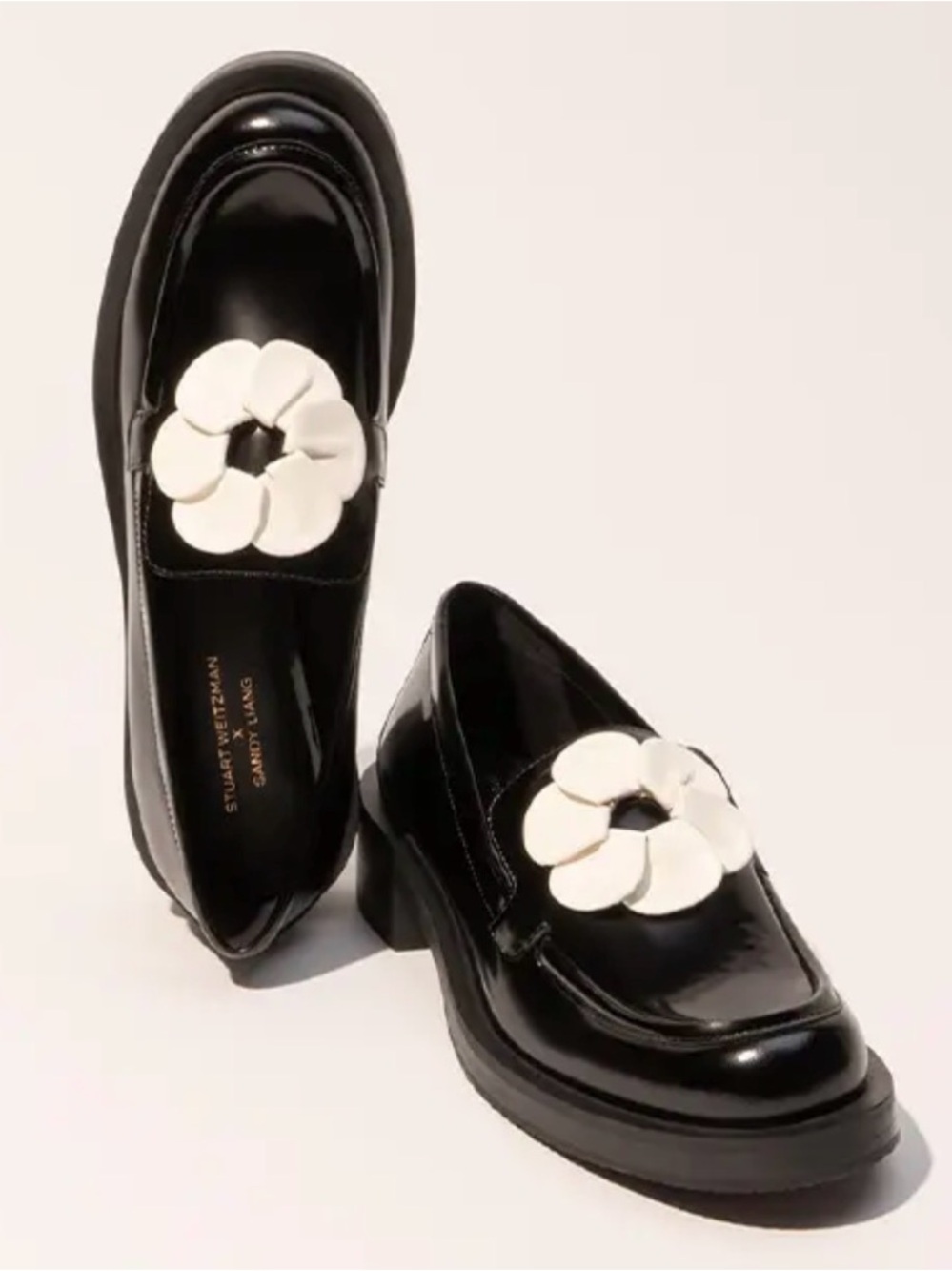 Stuart Weitzman x Sandy Liang Black Leather Flower Loafers Shoes 5.5B